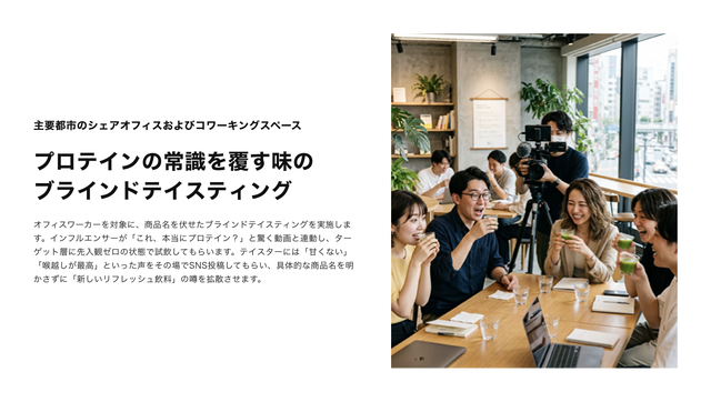 主要都市のシェアオフィスおよびコワーキングスペースで行う「プロテインの常識を覆す味のブラインドテイスティング」のプラン。会議室で試飲する人たちのビジュアル。