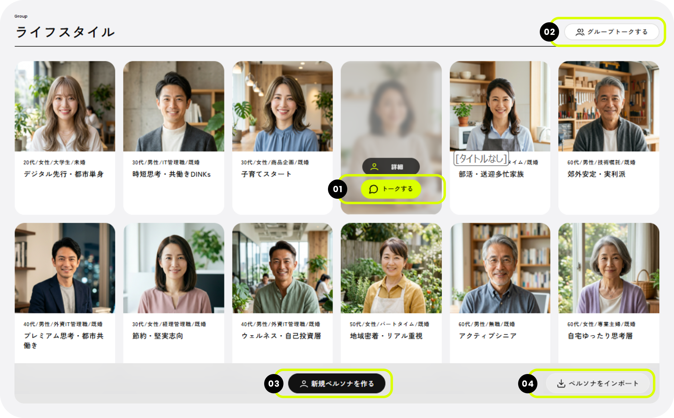 AIペルソナの一覧画面。ペルソナごとの「トークする」、画面右上の「グループトークする」、下部の「新規ペルソナを作る」「ペルソナをインポート」に01から04の番号が付いている。