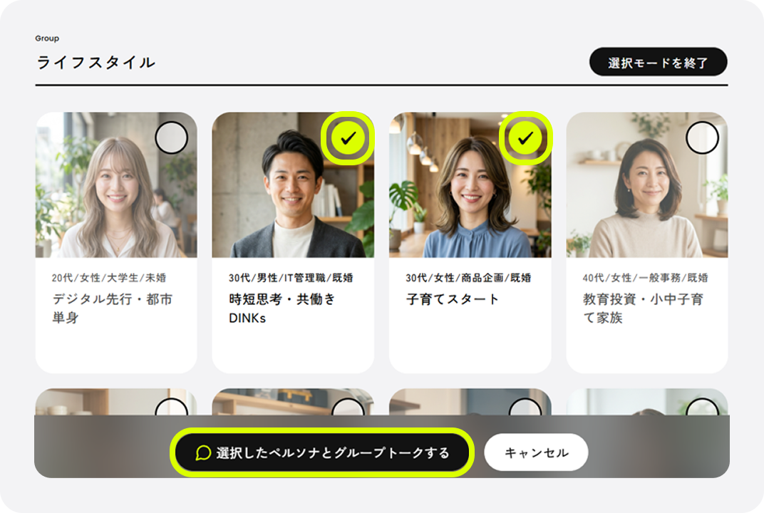 ペルソナ一覧で複数のペルソナにチェックを入れ、「選択したペルソナとグループトークする」を押す画面。